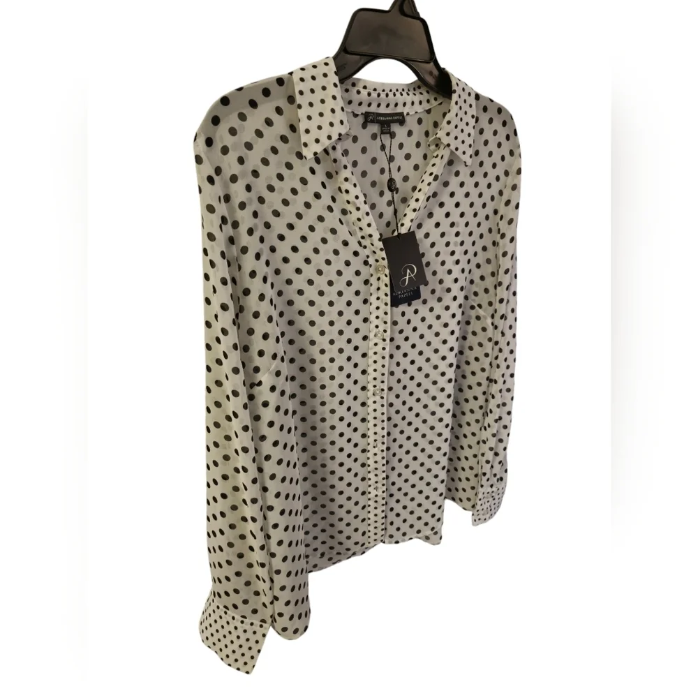 NWT Adrianna Papell Sheer Polka Dot Chiffon V Blouse Black White Size Large - Picture 4 of 17